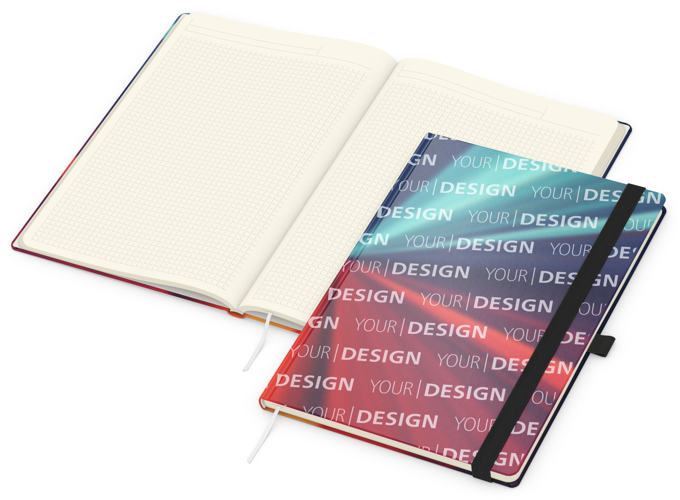 Notizbuch Match-Book Papier-Hardcover individuell bedruckt, DIN A4, Papierfarbe/Lineatur Cremefarben/Winkelkaro, Einband-Oberfläche glänzend