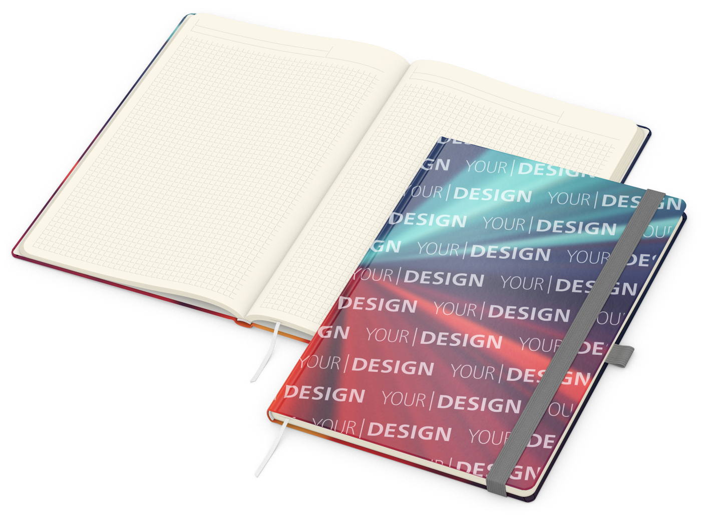 Notizbuch Match-Book Papier-Hardcover individuell bedruckt, DIN A4, Papierfarbe/Lineatur Cremefarben/Winkelkaro, Einband-Oberfläche glänzend