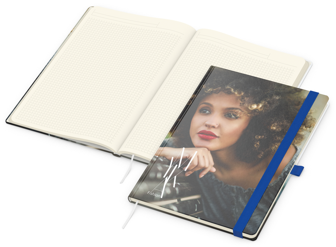 Notizbuch Match-Book Papier-Hardcover individuell bedruckt, DIN A4, Papierfarbe/Lineatur Cremefarben/Winkelkaro, Einband-Oberfläche matt