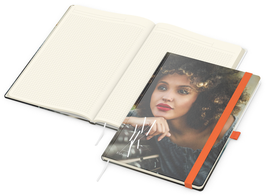 Notizbuch Match-Book Papier-Hardcover individuell bedruckt, DIN A4, Papierfarbe/Lineatur Cremefarben/Winkelkaro, Einband-Oberfläche matt