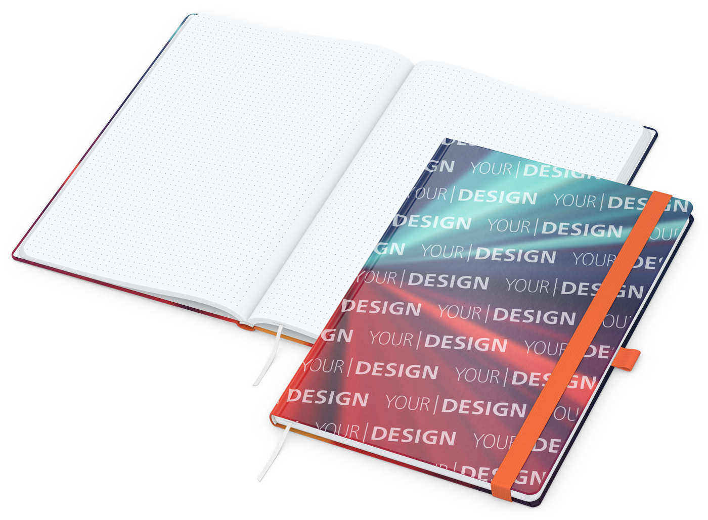 Notizbuch Match-Book Papier-Hardcover individuell bedruckt, DIN A4, Papierfarbe/Lineatur Hochweiß/Punktraster, Einband-Oberfläche glänzend
