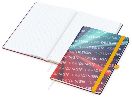 Notizbuch Match-Book Papier-Hardcover individuell bedruckt, DIN A4, Papierfarbe/Lineatur Hochweiß/Punktraster, Einband-Oberfläche matt