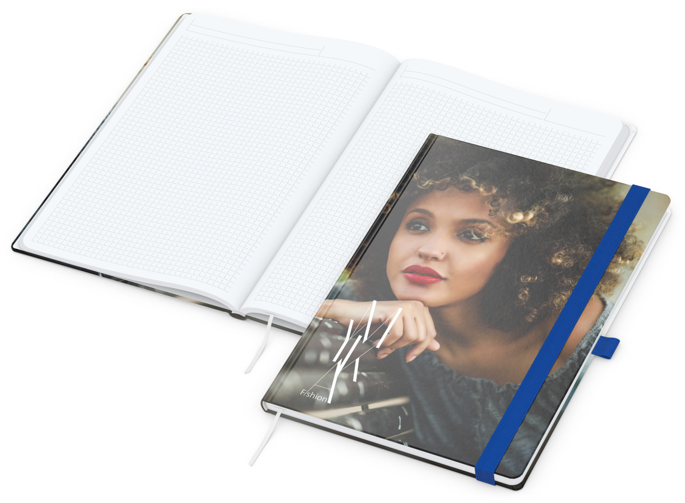 Notizbuch Match-Book Papier-Hardcover individuell bedruckt, DIN A4, Papierfarbe/Lineatur Hochweiß/Winkelkaro, Einband-Oberfläche glänzend