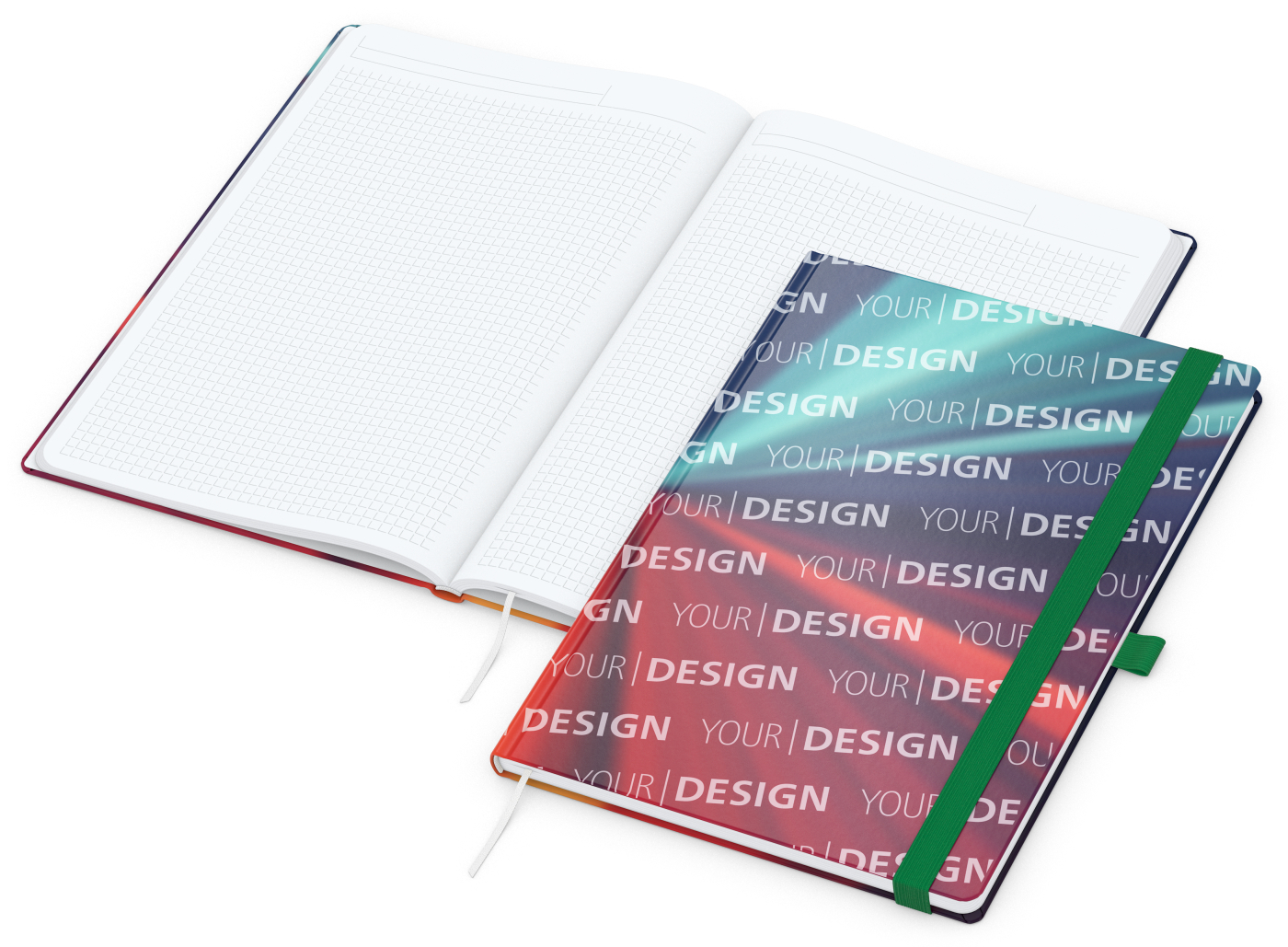 Notizbuch Match-Book Papier-Hardcover individuell bedruckt, DIN A4, Papierfarbe/Lineatur Hochweiß/Winkelkaro, Einband-Oberfläche glänzend