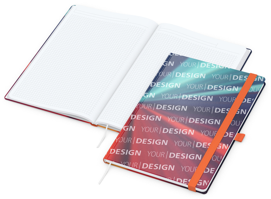 Notizbuch Match-Book Papier-Hardcover individuell bedruckt, DIN A4, Papierfarbe/Lineatur Hochweiß/Winkelkaro, Einband-Oberfläche glänzend