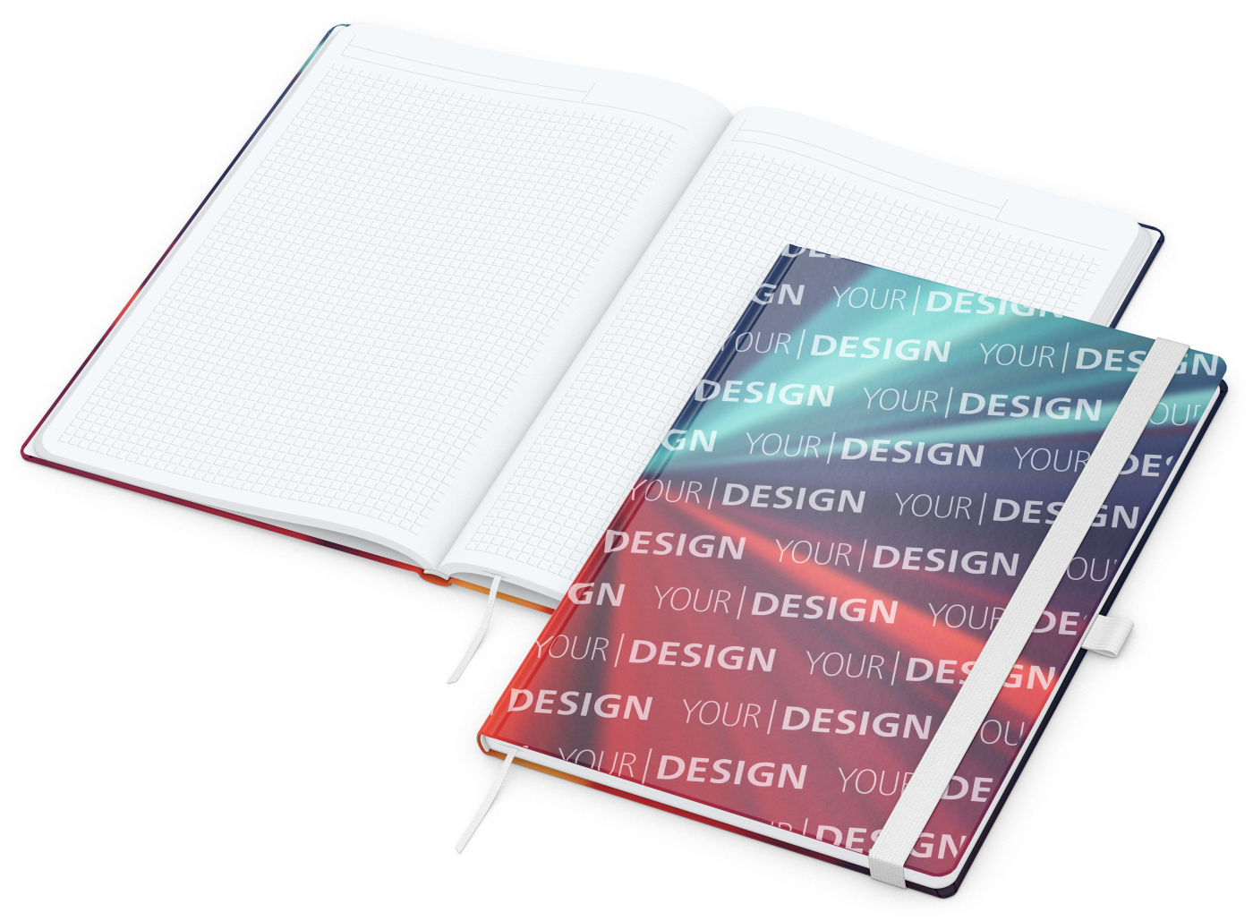 Notizbuch Match-Book Papier-Hardcover individuell bedruckt, DIN A4, Papierfarbe/Lineatur Hochweiß/Winkelkaro, Einband-Oberfläche glänzend