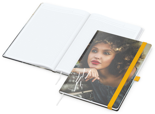 Notizbuch Match-Book Papier-Hardcover individuell bedruckt, DIN A4, Papierfarbe/Lineatur Hochweiß/Winkelkaro, Einband-Oberfläche matt