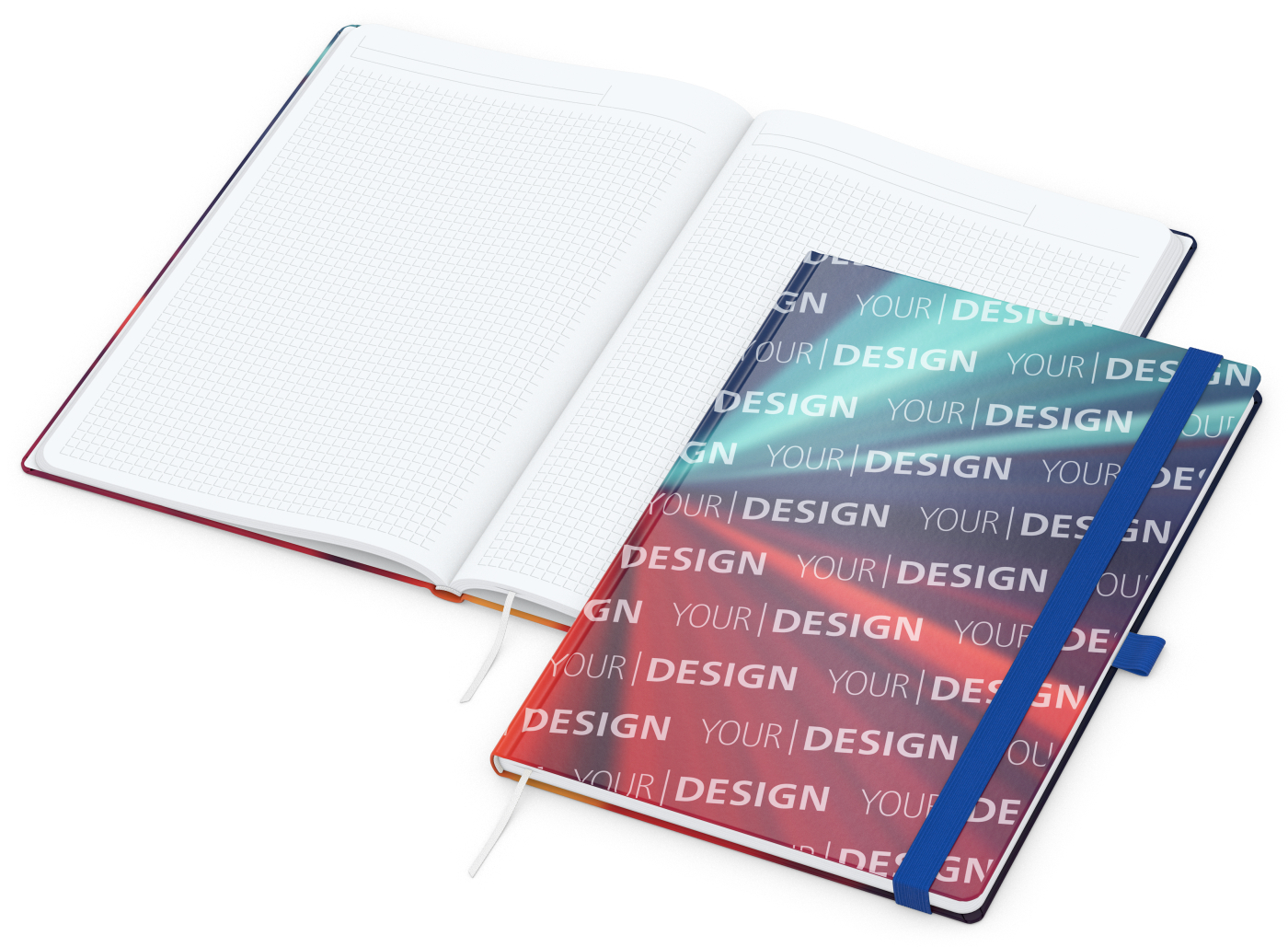 Notizbuch Match-Book Papier-Hardcover individuell bedruckt, DIN A4, Papierfarbe/Lineatur Hochweiß/Winkelkaro, Einband-Oberfläche matt