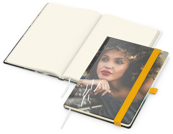 Notizbuch Match-Book Papier-Hardcover individuell bedruckt, DIN A5, Papierfarbe/Lineatur Cremefarben/Punktraster, Einband-Oberfläche glänzend