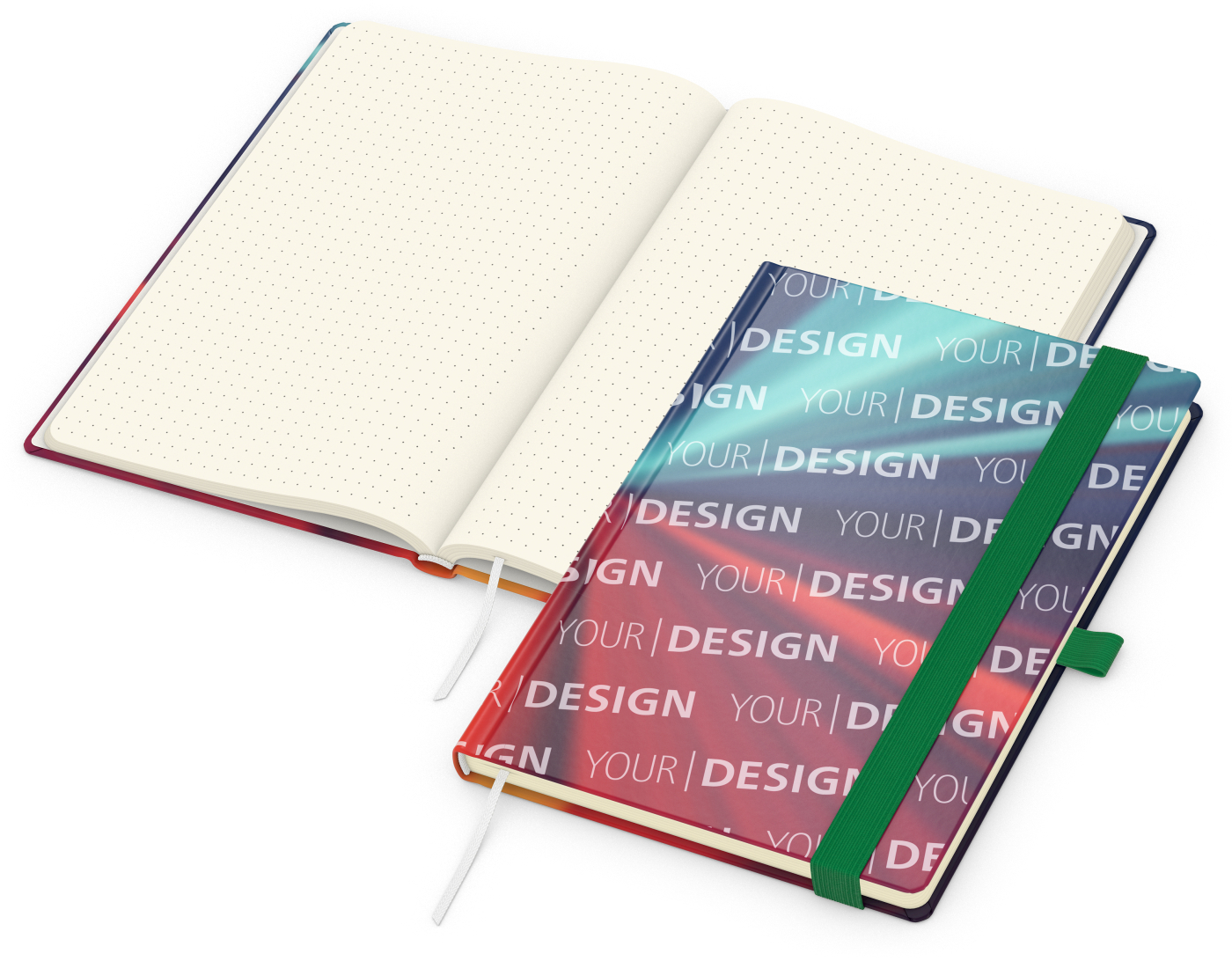 Notizbuch Match-Book Papier-Hardcover individuell bedruckt, DIN A5, Papierfarbe/Lineatur Cremefarben/Punktraster, Einband-Oberfläche glänzend