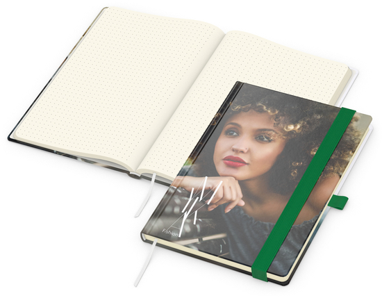 Notizbuch Match-Book Papier-Hardcover individuell bedruckt, DIN A5, Papierfarbe/Lineatur Cremefarben/Punktraster, Einband-Oberfläche glänzend