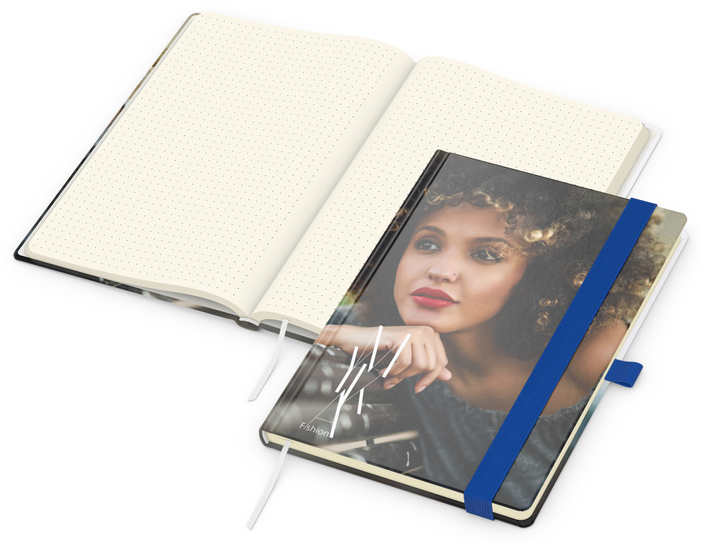 Notizbuch Match-Book Papier-Hardcover individuell bedruckt, DIN A5, Papierfarbe/Lineatur Cremefarben/Punktraster, Einband-Oberfläche glänzend
