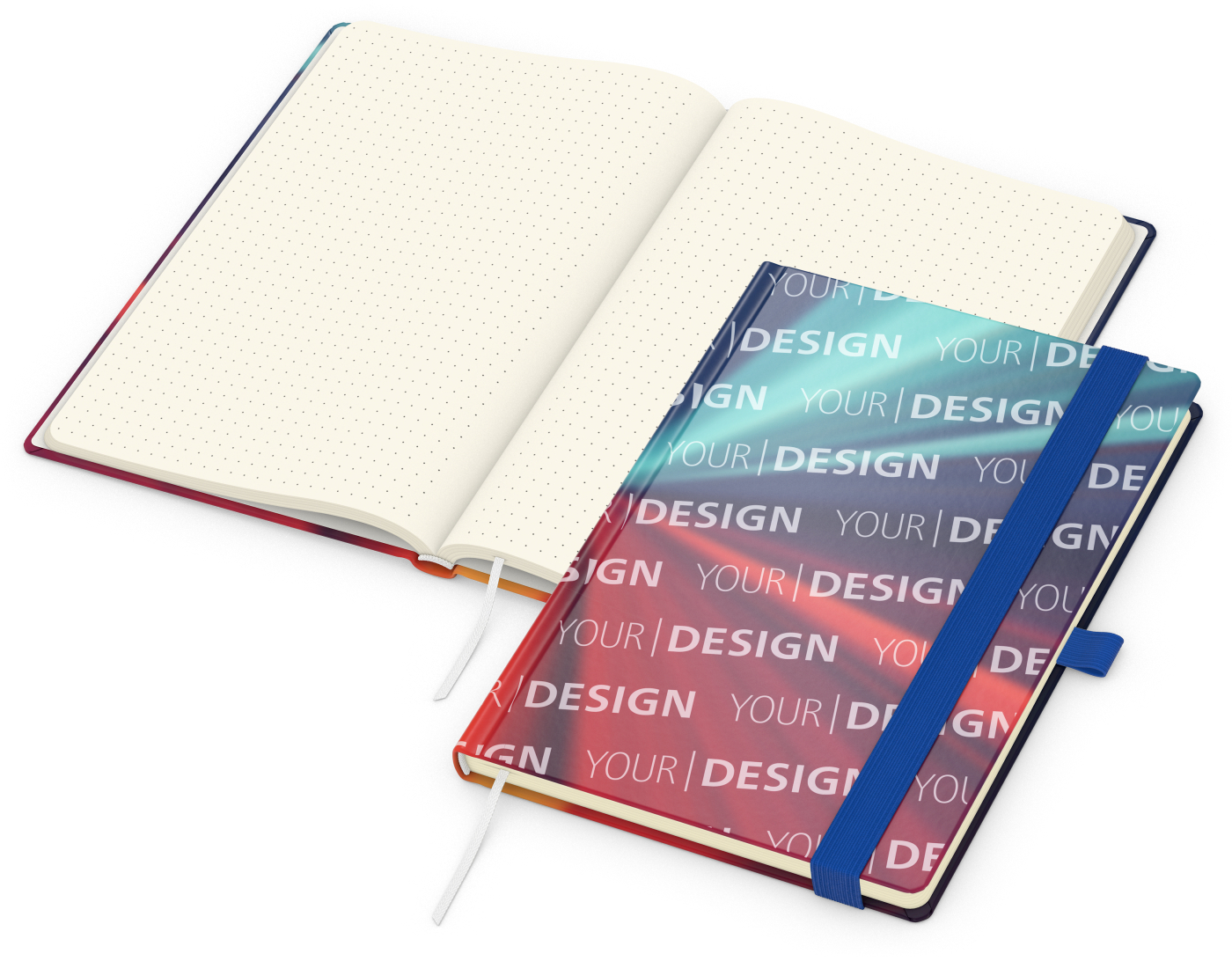Notizbuch Match-Book Papier-Hardcover individuell bedruckt, DIN A5, Papierfarbe/Lineatur Cremefarben/Punktraster, Einband-Oberfläche glänzend