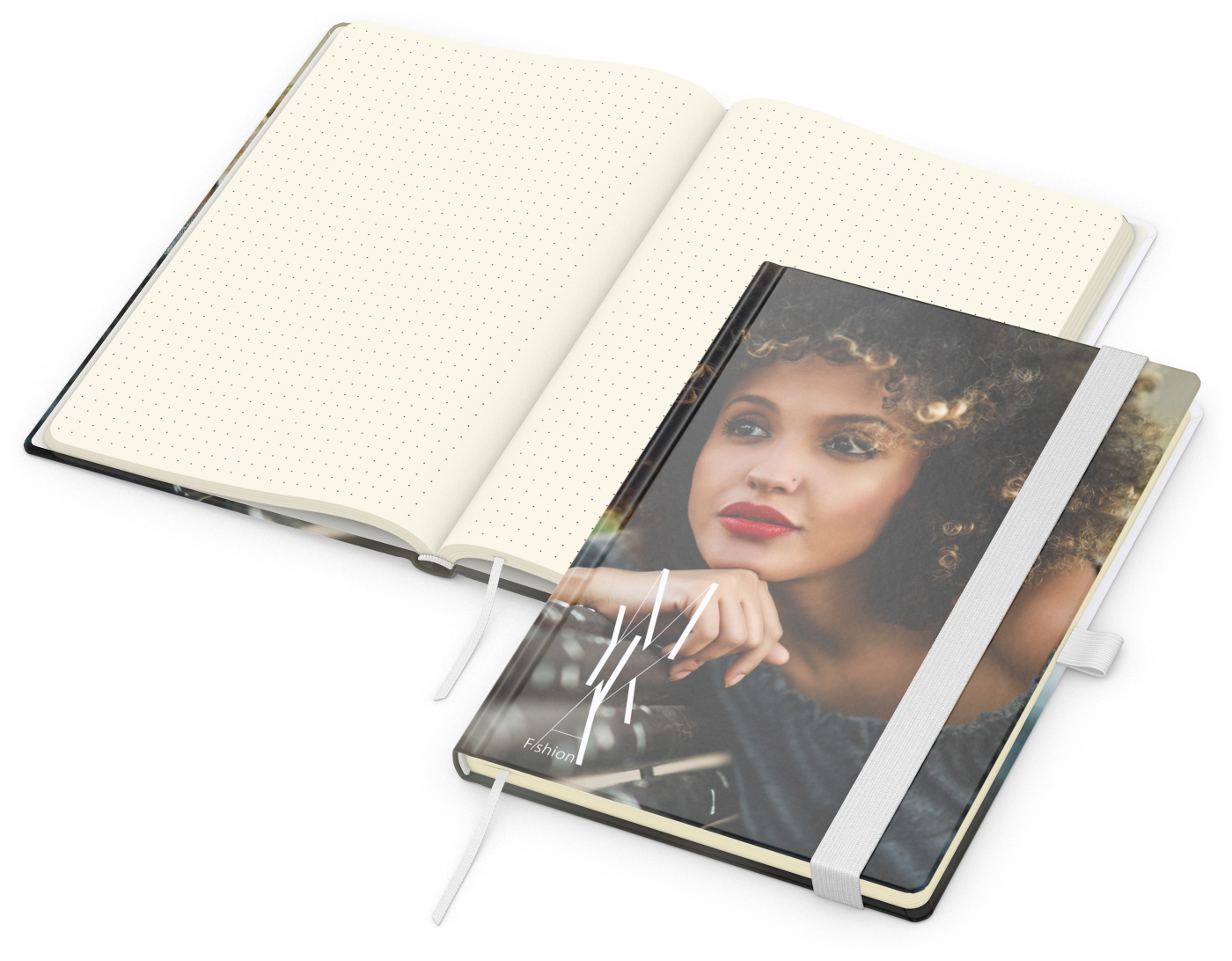 Notizbuch Match-Book Papier-Hardcover individuell bedruckt, DIN A5, Papierfarbe/Lineatur Cremefarben/Punktraster, Einband-Oberfläche glänzend