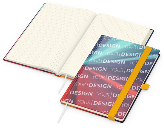 Notizbuch Match-Book Papier-Hardcover individuell bedruckt, DIN A5, Papierfarbe/Lineatur Cremefarben/Punktraster, Einband-Oberfläche matt