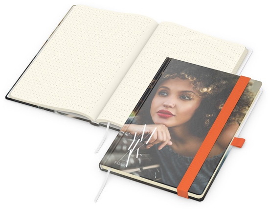 Notizbuch Match-Book Papier-Hardcover individuell bedruckt, DIN A5, Papierfarbe/Lineatur Cremefarben/Punktraster, Einband-Oberfläche matt