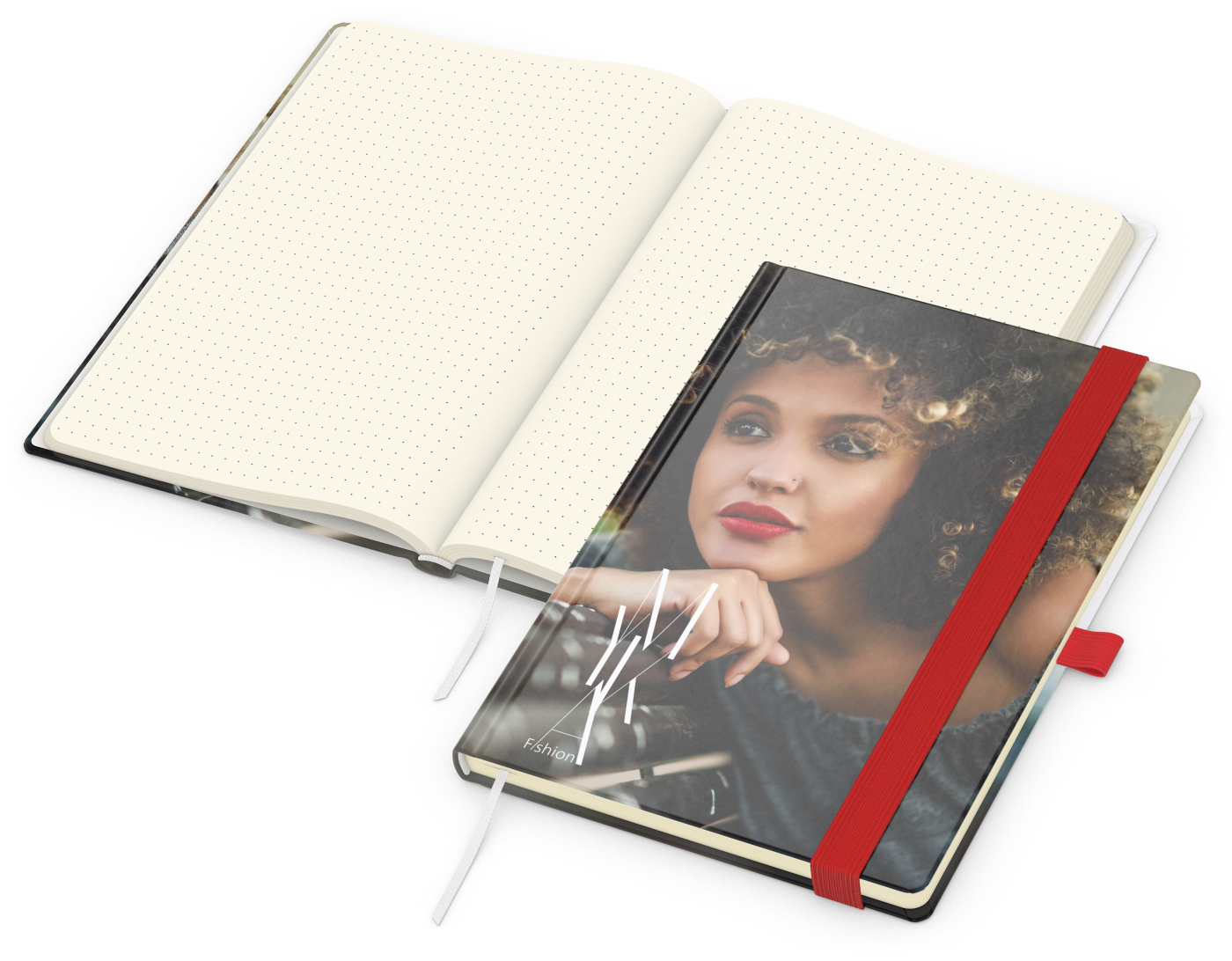 Notizbuch Match-Book Papier-Hardcover individuell bedruckt, DIN A5, Papierfarbe/Lineatur Cremefarben/Punktraster, Einband-Oberfläche matt