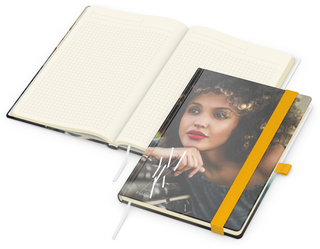 Notizbuch Match-Book Papier-Hardcover individuell bedruckt, DIN A5, Papierfarbe/Lineatur Cremefarben/Winkelkaro, Einband-Oberfläche glänzend