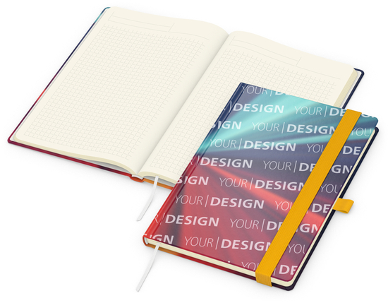 Notizbuch Match-Book Papier-Hardcover individuell bedruckt, DIN A5, Papierfarbe/Lineatur Cremefarben/Winkelkaro, Einband-Oberfläche glänzend