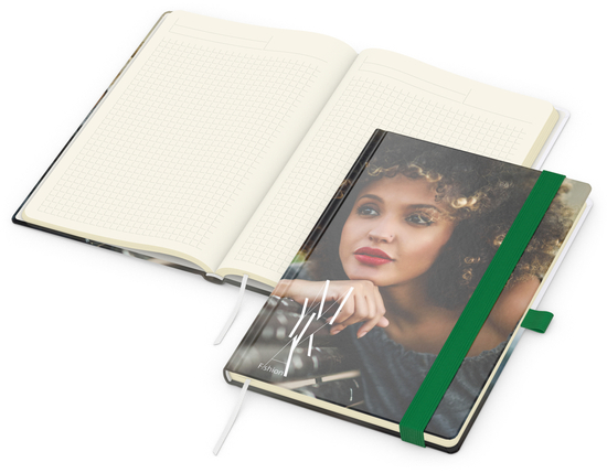Notizbuch Match-Book Papier-Hardcover individuell bedruckt, DIN A5, Papierfarbe/Lineatur Cremefarben/Winkelkaro, Einband-Oberfläche glänzend