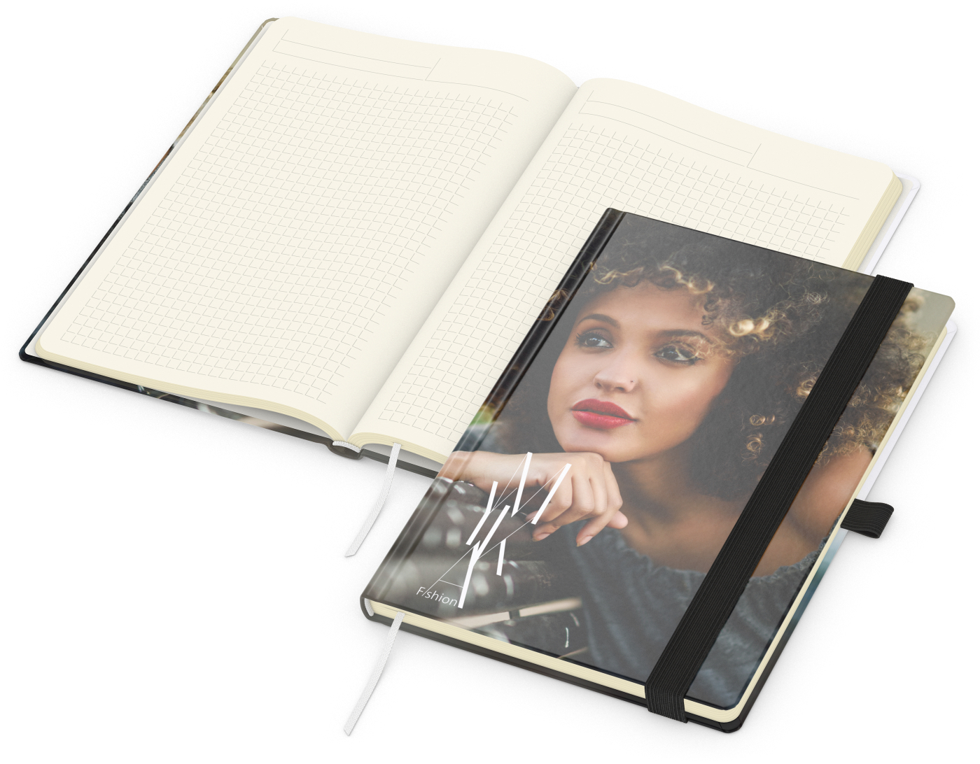 Notizbuch Match-Book Papier-Hardcover individuell bedruckt, DIN A5, Papierfarbe/Lineatur Cremefarben/Winkelkaro, Einband-Oberfläche glänzend