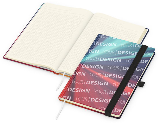 Notizbuch Match-Book Papier-Hardcover individuell bedruckt, DIN A5, Papierfarbe/Lineatur Cremefarben/Winkelkaro, Einband-Oberfläche glänzend