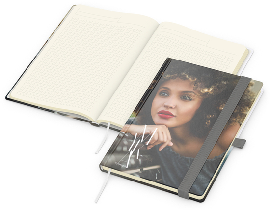 Notizbuch Match-Book Papier-Hardcover individuell bedruckt, DIN A5, Papierfarbe/Lineatur Cremefarben/Winkelkaro, Einband-Oberfläche glänzend