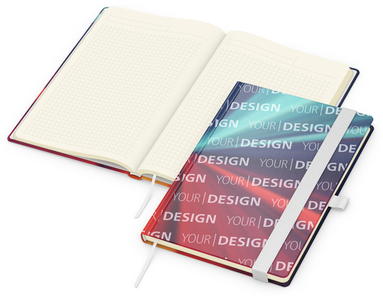 Notizbuch Match-Book Papier-Hardcover individuell bedruckt, DIN A5, Papierfarbe/Lineatur Cremefarben/Winkelkaro, Einband-Oberfläche glänzend