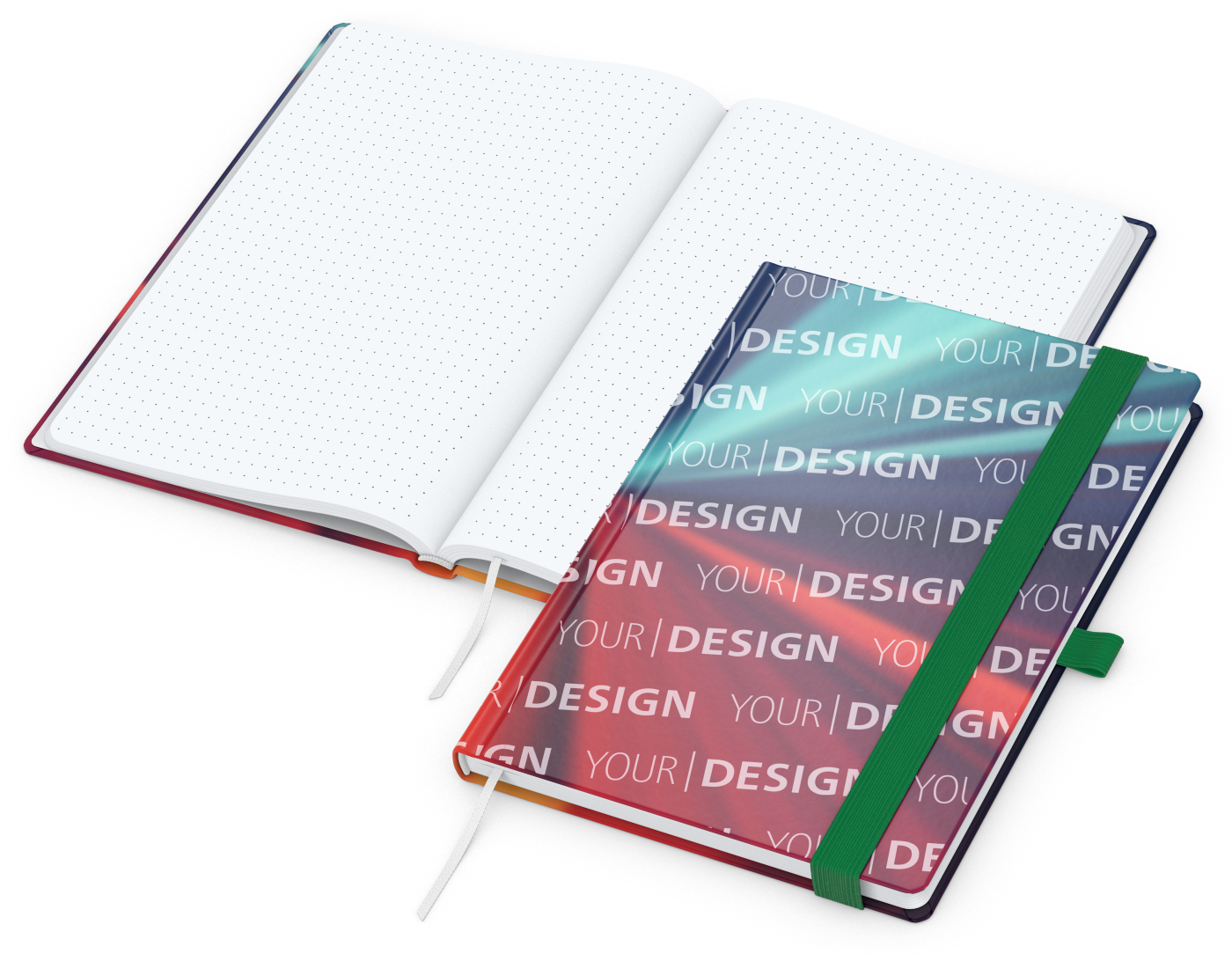 Notizbuch Match-Book Papier-Hardcover individuell bedruckt, DIN A5, Papierfarbe/Lineatur Hochweiß/Punktraster, Einband-Oberfläche glänzend