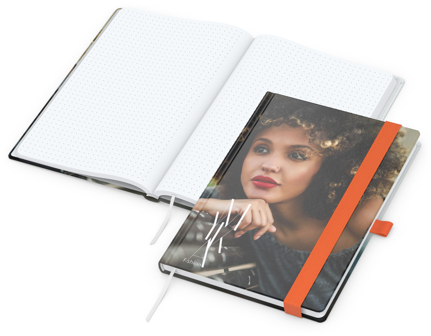 Notizbuch Match-Book Papier-Hardcover individuell bedruckt, DIN A5, Papierfarbe/Lineatur Hochweiß/Punktraster, Einband-Oberfläche glänzend