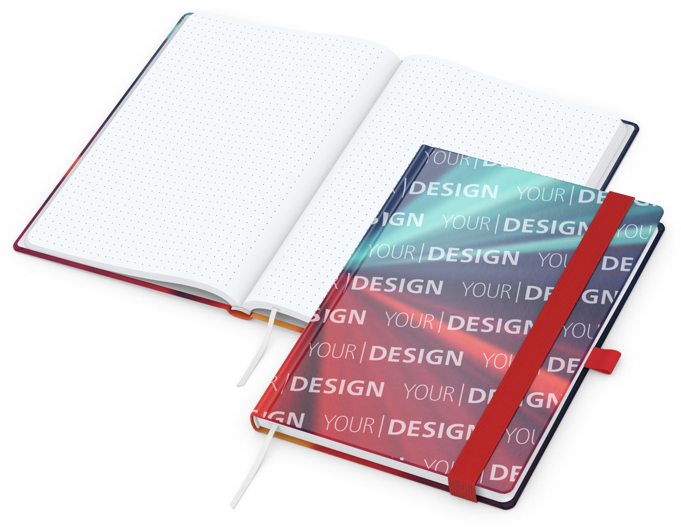 Notizbuch Match-Book Papier-Hardcover individuell bedruckt, DIN A5, Papierfarbe/Lineatur Hochweiß/Punktraster, Einband-Oberfläche glänzend