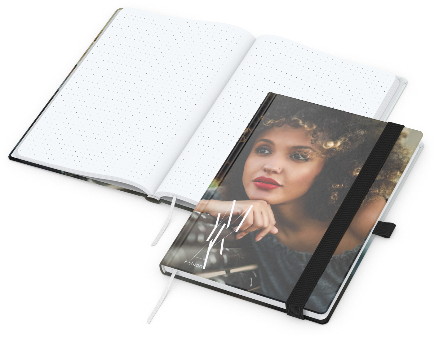 Notizbuch Match-Book Papier-Hardcover individuell bedruckt, DIN A5, Papierfarbe/Lineatur Hochweiß/Punktraster, Einband-Oberfläche glänzend