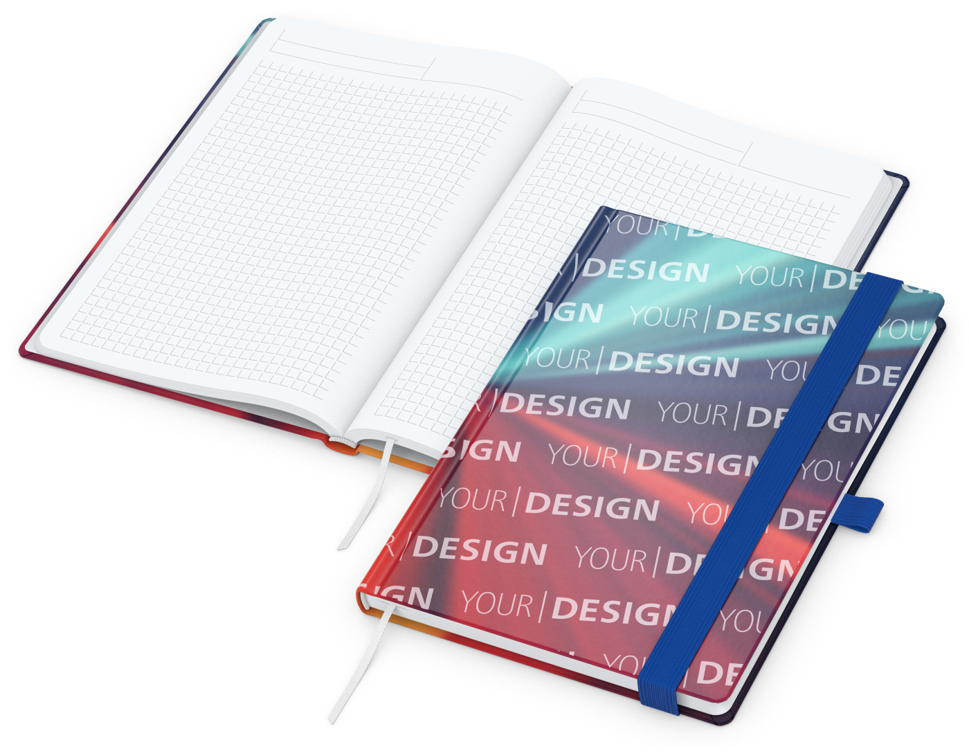 Notizbuch Match-Book Papier-Hardcover individuell bedruckt, DIN A5, Papierfarbe/Lineatur Hochweiß/Winkelkaro, Einband-Oberfläche glänzend