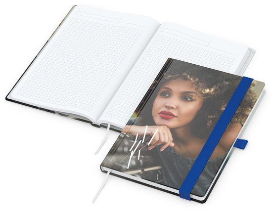 Notizbuch Match-Book Papier-Hardcover individuell bedruckt, DIN A5, Papierfarbe/Lineatur Hochweiß/Winkelkaro, Einband-Oberfläche glänzend
