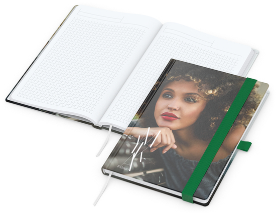 Notizbuch Match-Book Papier-Hardcover individuell bedruckt, DIN A5, Papierfarbe/Lineatur Hochweiß/Winkelkaro, Einband-Oberfläche glänzend