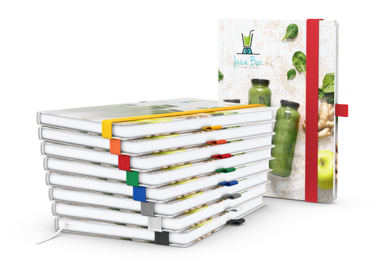 Notizbuch Match-Book Papier-Hardcover individuell bedruckt, DIN A5, Papierfarbe/Lineatur Hochweiß/Winkelkaro, Einband-Oberfläche glänzend