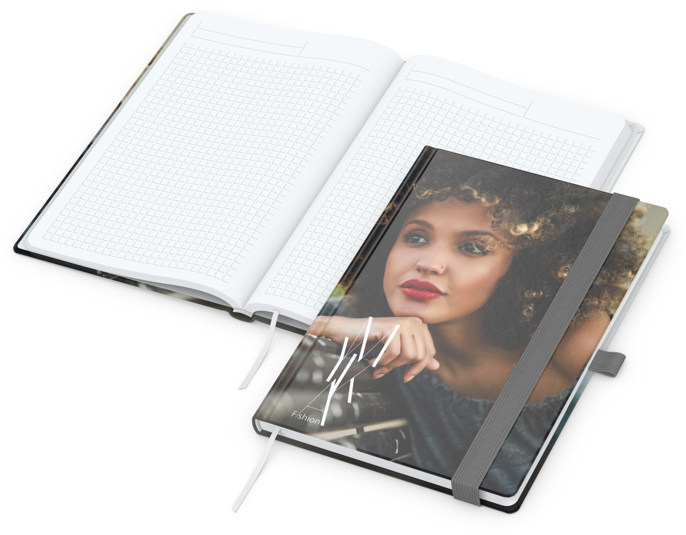 Notizbuch Match-Book Papier-Hardcover individuell bedruckt, DIN A5, Papierfarbe/Lineatur Hochweiß/Winkelkaro, Einband-Oberfläche glänzend