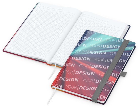 Notizbuch Match-Book Papier-Hardcover individuell bedruckt, DIN A5, Papierfarbe/Lineatur Hochweiß/Winkelkaro, Einband-Oberfläche glänzend