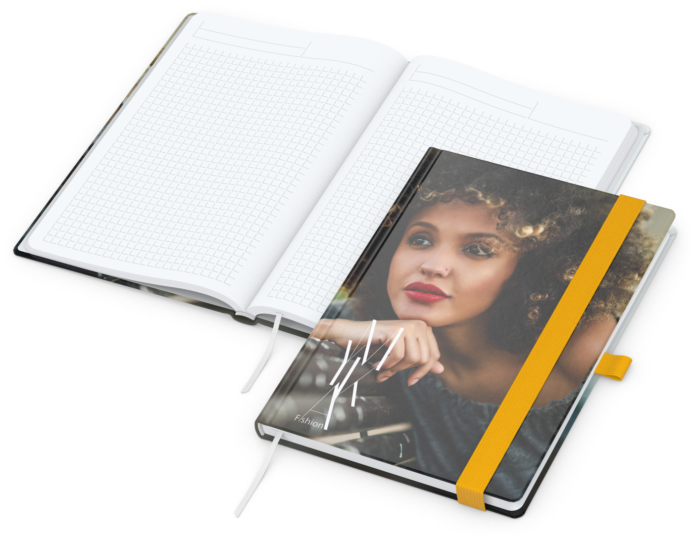Notizbuch Match-Book Papier-Hardcover individuell bedruckt, DIN A5, Papierfarbe/Lineatur Hochweiß/Winkelkaro, Einband-Oberfläche glänzend