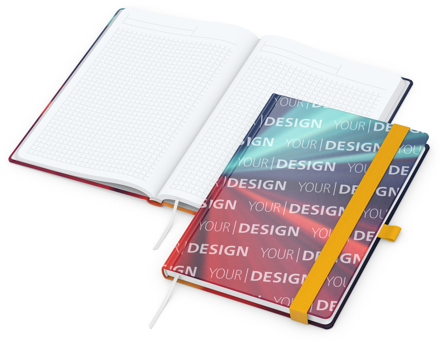 Notizbuch Match-Book Papier-Hardcover individuell bedruckt, DIN A5, Papierfarbe/Lineatur Hochweiß/Winkelkaro, Einband-Oberfläche glänzend
