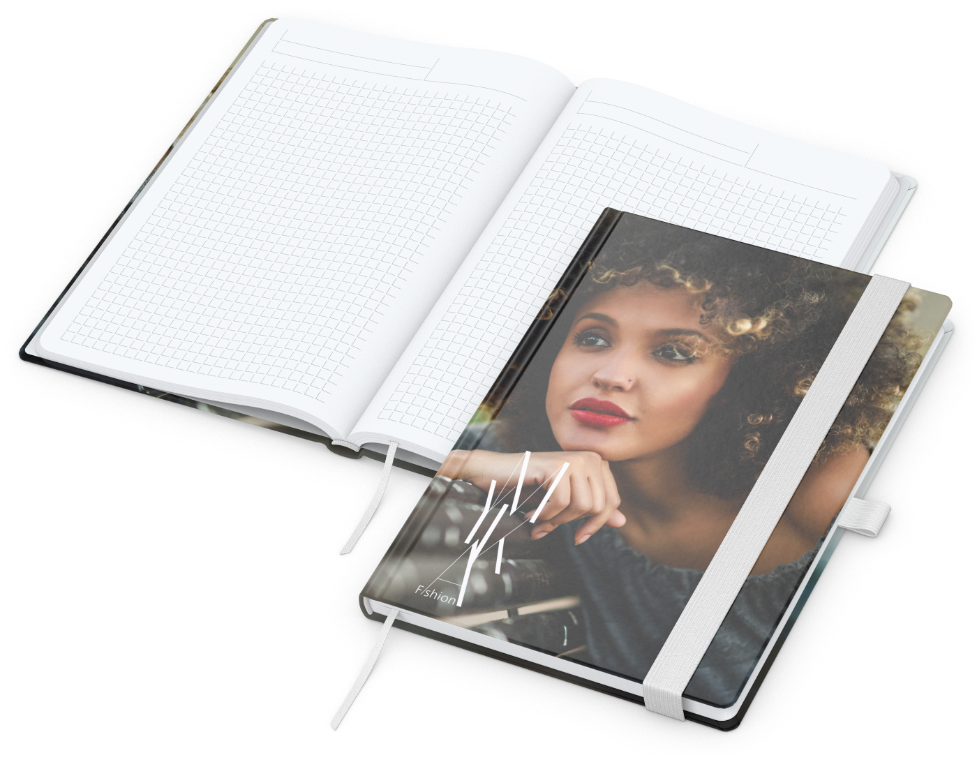 Notizbuch Match-Book Papier-Hardcover individuell bedruckt, DIN A5, Papierfarbe/Lineatur Hochweiß/Winkelkaro, Einband-Oberfläche glänzend