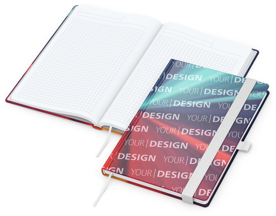 Notizbuch Match-Book Papier-Hardcover individuell bedruckt, DIN A5, Papierfarbe/Lineatur Hochweiß/Winkelkaro, Einband-Oberfläche glänzend