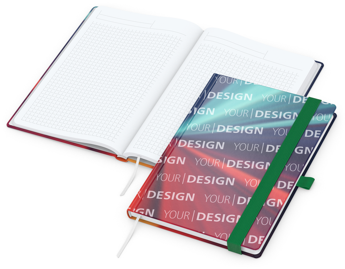 Notizbuch Match-Book Papier-Hardcover individuell bedruckt, DIN A5, Papierfarbe/Lineatur Hochweiß/Winkelkaro, Einband-Oberfläche matt
