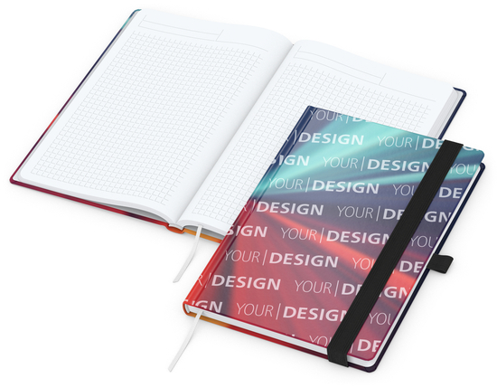 Notizbuch Match-Book Papier-Hardcover individuell bedruckt, DIN A5, Papierfarbe/Lineatur Hochweiß/Winkelkaro, Einband-Oberfläche matt