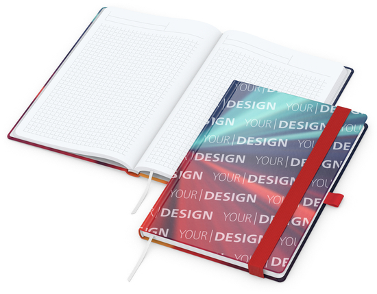 Notizbuch Match-Book Papier-Hardcover individuell bedruckt, DIN A5, Papierfarbe/Lineatur Hochweiß/Winkelkaro, Einband-Oberfläche matt