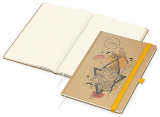 Notizbuch Match-Book Naturpapier-Hardcover individuell bedruckt, DIN A4, Papierfarbe/Lineatur Cremefarben/Punktraster, Einband-Papierfarbe Braun