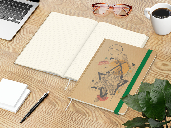 Notizbuch Match-Book Naturpapier-Hardcover individuell bedruckt, DIN A4, Papierfarbe/Lineatur Cremefarben/Punktraster, Einband-Papierfarbe Braun