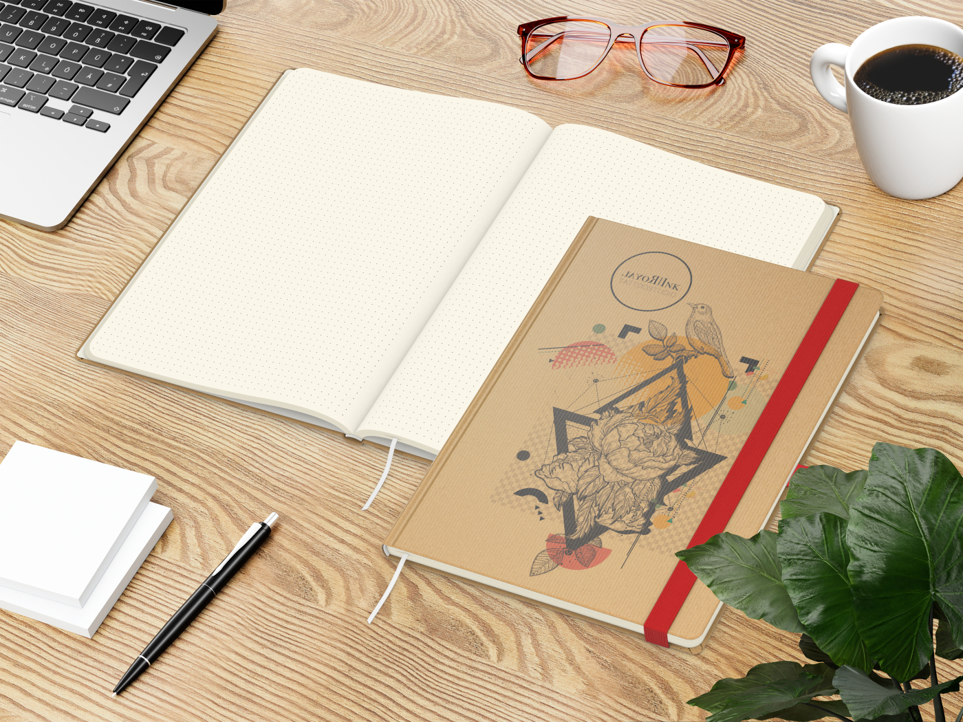 Notizbuch Match-Book Naturpapier-Hardcover individuell bedruckt, DIN A4, Papierfarbe/Lineatur Cremefarben/Punktraster, Einband-Papierfarbe Braun