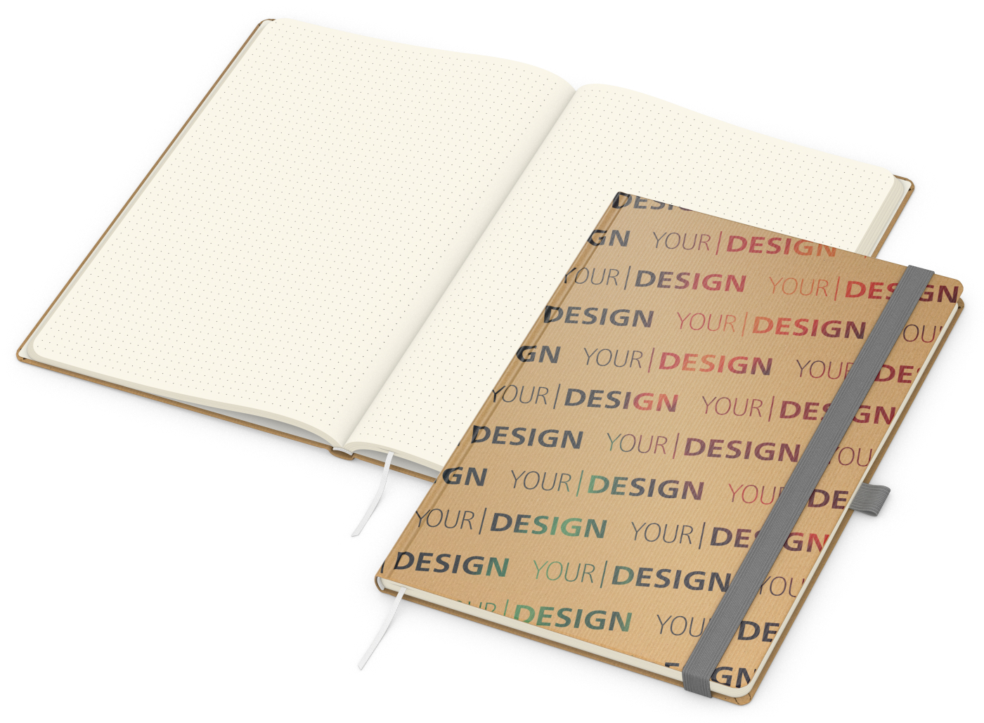 Notizbuch Match-Book Naturpapier-Hardcover individuell bedruckt, DIN A4, Papierfarbe/Lineatur Cremefarben/Punktraster, Einband-Papierfarbe Braun