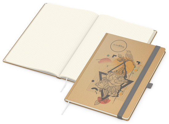 Notizbuch Match-Book Naturpapier-Hardcover individuell bedruckt, DIN A4, Papierfarbe/Lineatur Cremefarben/Punktraster, Einband-Papierfarbe Braun